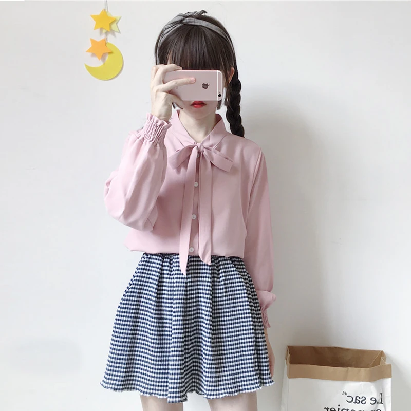 Осенняя Новинка женская рубашка с длинным рукавом милая ulzzang Япония Корея блузки