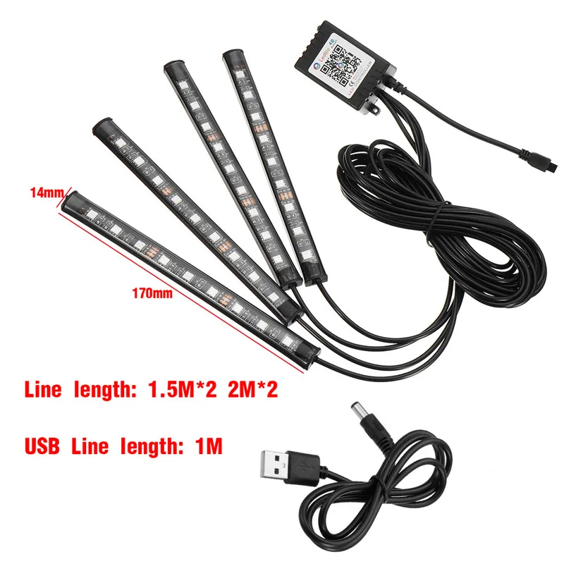 1Set USB Interior Strip Lamp 9 LED App Control Light Rmote Control floor lights car Decorative atmosphere lamp