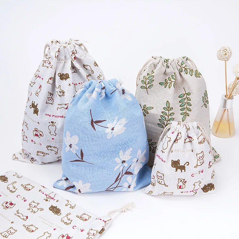 

Gift Bags for Children Cotton Canvas Pouch Drawstring Pineapple Printing cat Tea Bags Storage Bags Small Bags