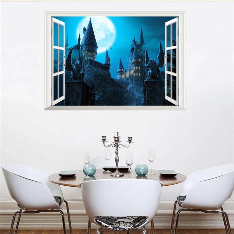 

3d effect magic castle window wall stickers bedroom home decorations landscape wall decals pvc mural art diy wallpaper