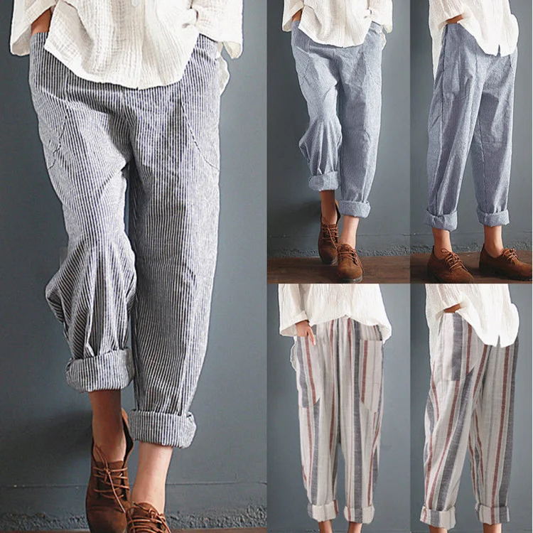 2019 Hot Sale Women Vintage Elastic Waist Loose Long Trousers Leisure Retro Baggy Pantalon Cotton Linen Striped Harem Pants 2019 Hot Sale Women Vintage Elastic Waist Loose Long Trousers Leisure Retro Baggy Pantalon Cotton Linen Striped Harem Pants