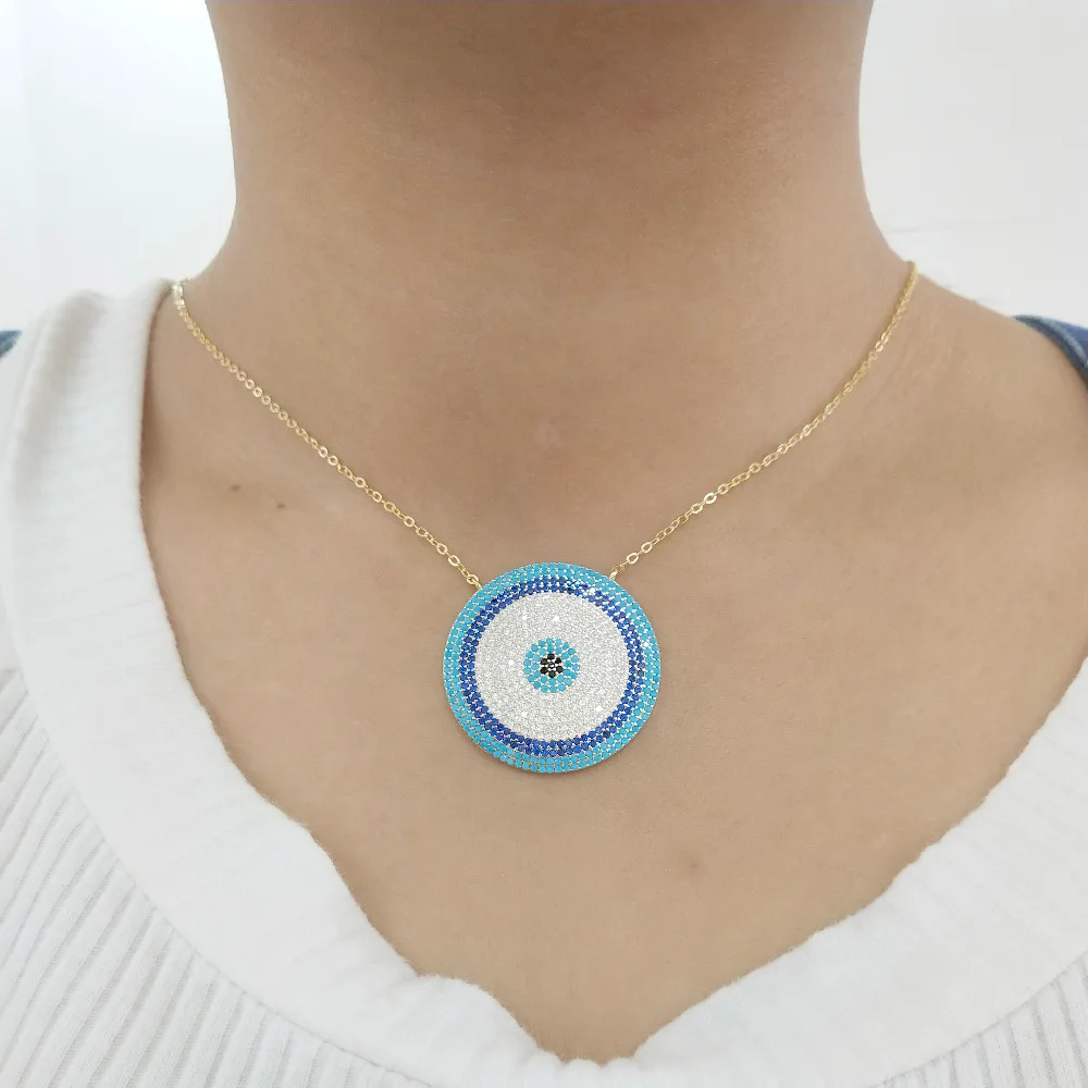 

GOLD SILVER color dainty disco necklace blue crystal lucky eyes turkey jewelry big round micro pave necklace girls charm jewely