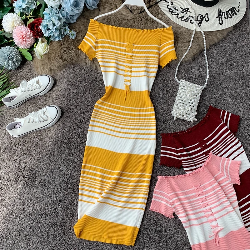 OCEANLOVE Sexy Dress Women Bodycon Striped Off Shoulder Knitted Midi Dress Summer High Waist Short Sleeve Vestidos 12421