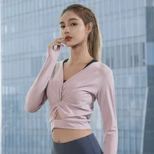 Женские футболки для йоги эластичные быстросохнущие толстовки с v-образным вырезом для йоги укороченный топ штаны для бега повседневные Фитнес Рубашки для тренировки Спортивная одежда