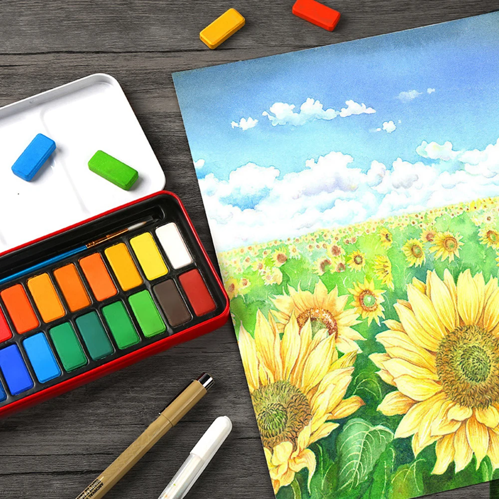 

12/18/24 Colors Portable Solid Watercolor Set Drawing Paints Set with Paint Brush Red Iron Box Watercolors Art Supplies