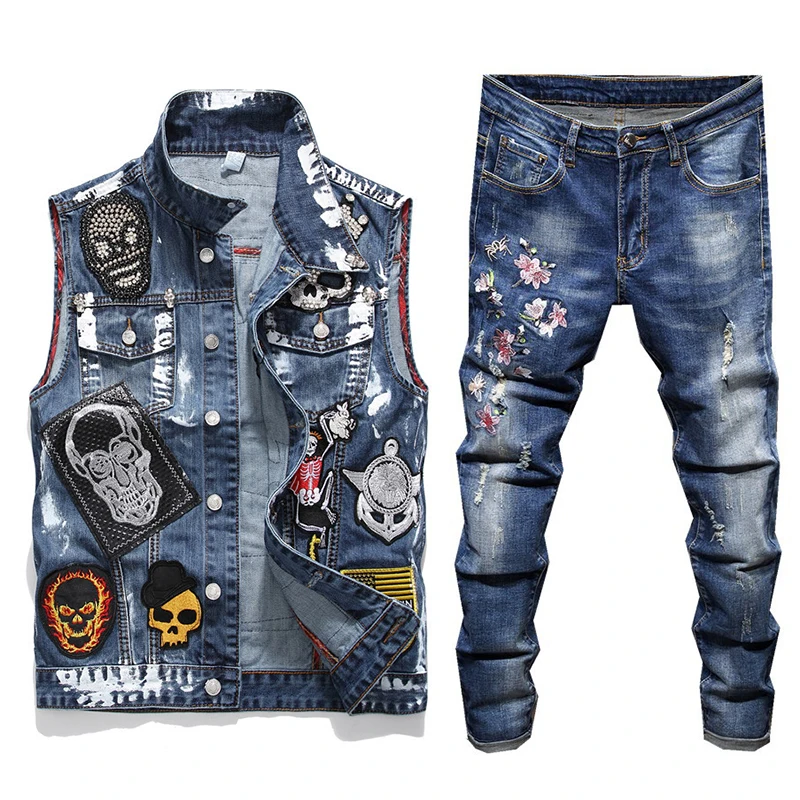 

2019 Punk Style Men Sportswear Sets Beading Skull Letter Embroidery Jean Vests + Floral Hole Embroidery Denim Pants 2 Piece Set