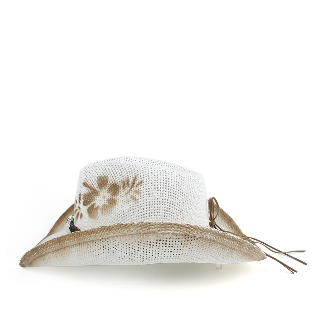 Flower Women Straw Hollow Western Cowboy Hat Lady Handmade Bohemia Sombrero Hombre Beach Cowgirl Jazz Sun Hat Size 56-58CM