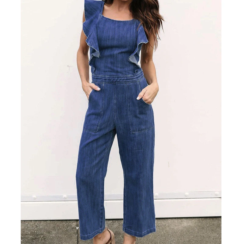 Women Ladies Summer Fashion Casual Jumpsuits Ruffles Sleeve Blue Denim