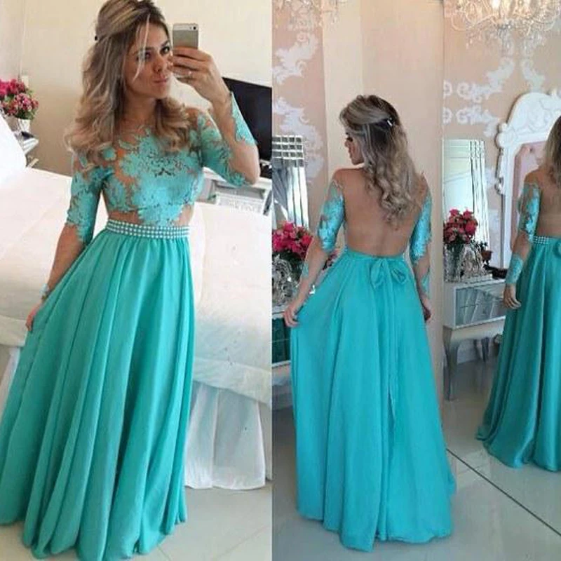 Turquoise Long Prom Dress 2016 Sheer Long Sleeve L...