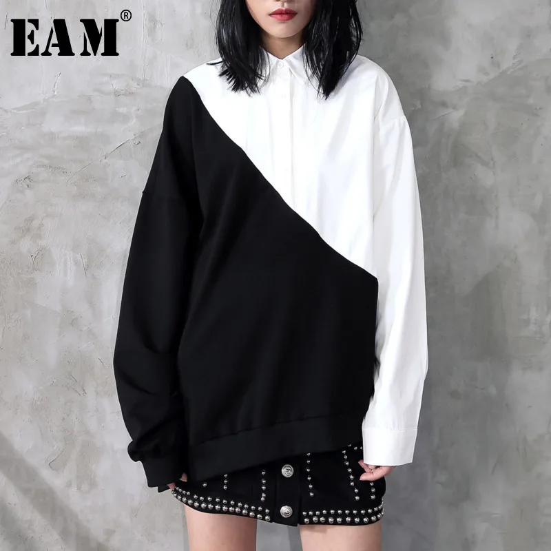 

[EAM] 2019 Hot Sell New Spring Lapel Black White Hit Color Irregular Loose Big Size Long Shirt Women Blouse Tide Fashion JC319