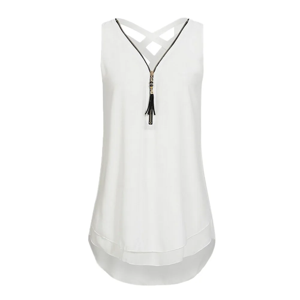 

#40 Shirt Women White 4XL 5XL Plus Size Shirt Loose Sleeveless Tank Top Cross Back Hem Layed Zipper V-Neck Shirts Tops koszula