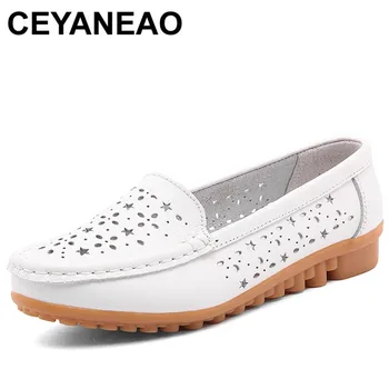 

CEYANEAO Women Flats Shoes Leather Solid Cut-outs Comfortable Women Casual Shoes Ladies Moccasins Loafers Wild Breathable Shoes