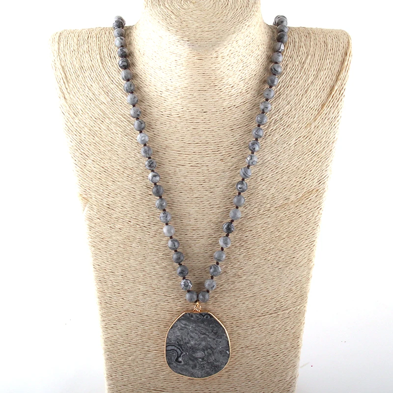 Модный натуральный камень длинной завязанный Цепочки и ожерелья s грань каменная подвеска Для женщин национальное ожерелье