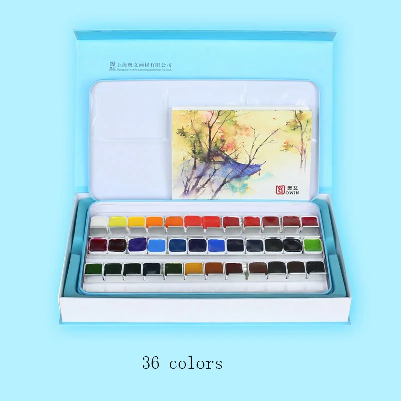 Professional 24/36Colors Solid Watercolor Paint Set Gift Metal Iron Box With Paintbrush Watercolour Pigment Set Art Supplies - Цвет: 36 colors  Blue