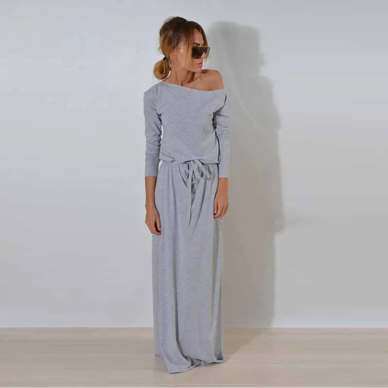 

Wavaiov Autumn Women Long Maxi Dress Slash Neck Sashes Winter Dresses Casual Long Sleeve Solid Dress Casual Loose Plus Size