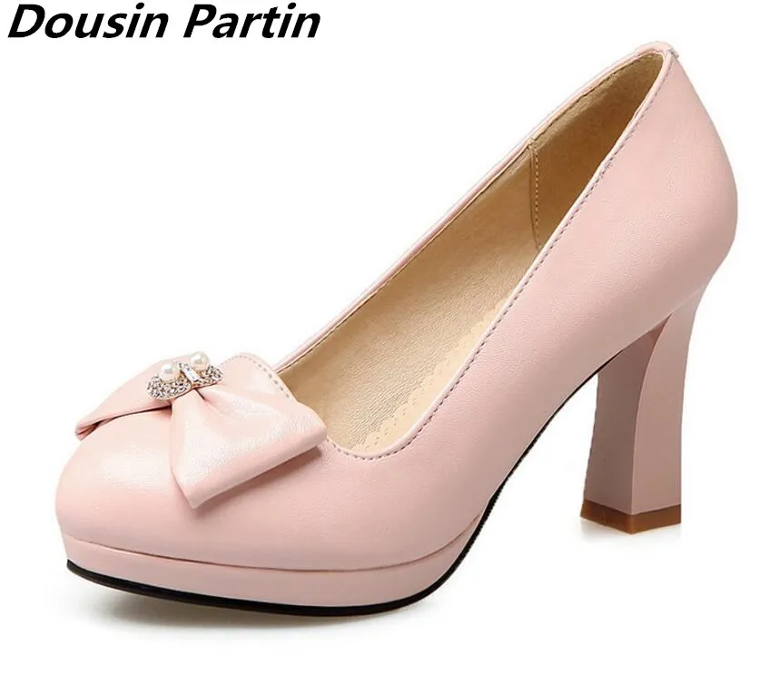 Dousin Partin 핑크/블랙 나비 넥타이 스퀘어 하이힐 PU 가죽 뾰족한 발가락 웨딩 슈즈, 여성 사이즈 35-40 N7415286