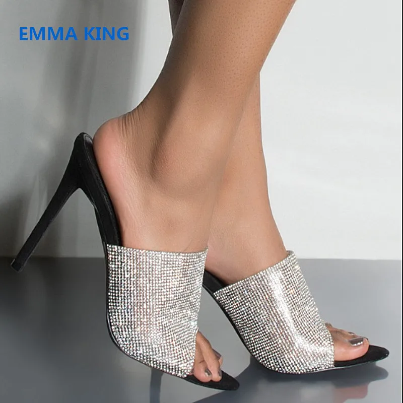 

Fashion Bling Rhinestone Mules High Heels Shoes Woman Slippers Open Toe Stilettos Roman Sandals Summer Party Dress Ladies Shoes