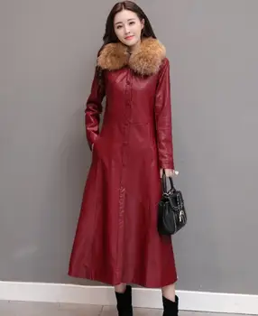 

2019 autumn Winter women's Faux leather Trench Coat Slim large size single-breasted Fur Collar Plus cotton PU windbreaker w761