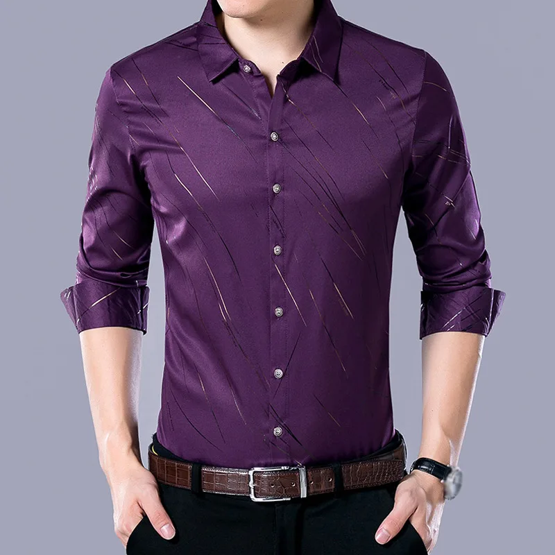 Мужская черная рубашка хлопок бизнес длинный рукав однобортный мужской уличная одежда большого размера 4XL рубашки Осенняя повседневная одежда - Цвет: Фиолетовый