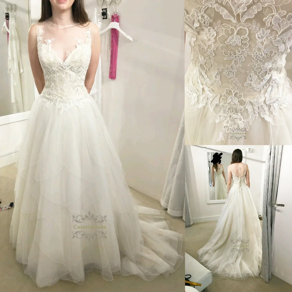 

Illusion Lace Wedding Dresses Sexy V Neck Chapel Train A Line Bride Gowns with Buttons for Girls / Womens Bridal Party