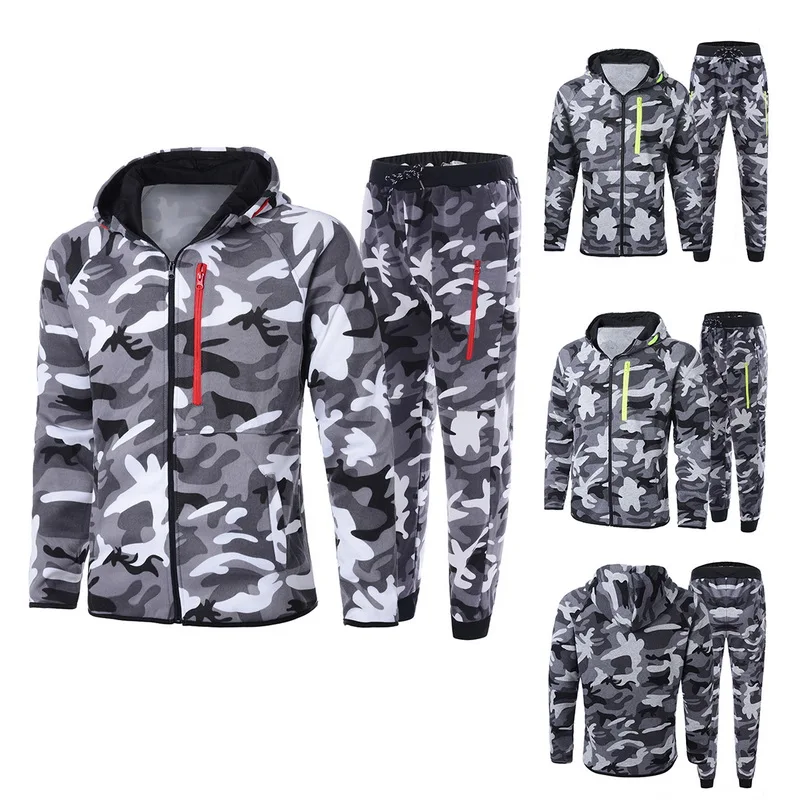 

Shujin Autumn Winter Camouflage Men Suits Patchwork Men's Sportswear Tracksuit Two Pieces Set Drawstring chandal hombre