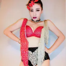 Glisten красный бюстгальтер с блестками и кисточками короткий Блестящий наряд Женская Клубная одежда бар танцевальный сценический костюм для праздника комплект праздничной одежды