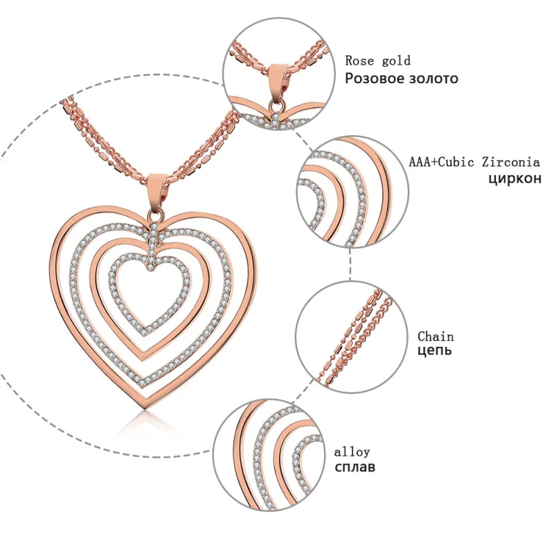 Полое хрустальное сердце, ювелирное изделие, золотое ожерелье с подвеской в виде сердца для женщин, длинная многослойная цепочка, длинное ожерелье, подарок на день Святого Валентина
