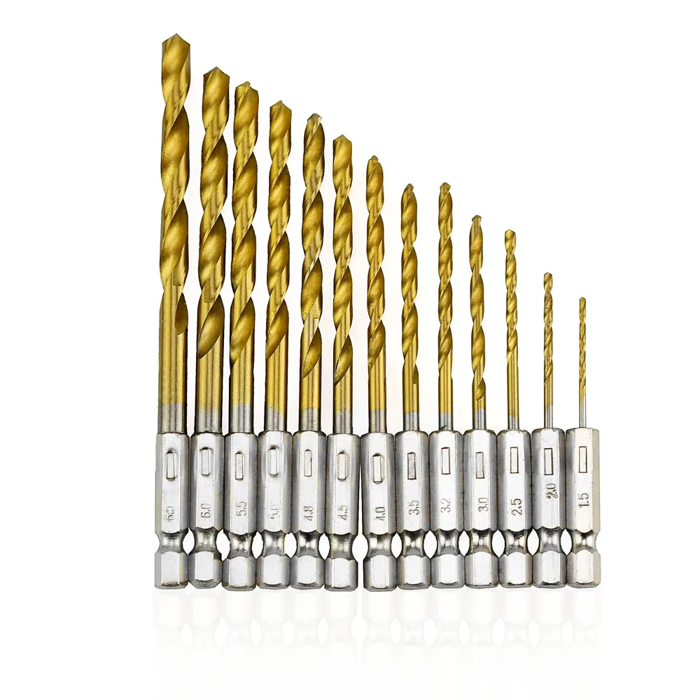 

13pcs Twist Drill Bit Tungsten Carbide Power Tool High Speed Steel HSS Titanium Coated Drill Bit Set 1/4 Hex Shank 1.5-6.5mm