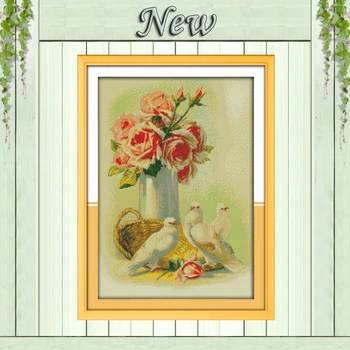 

Roses and pigeons,Pattern printed on canvas DMC 11CT 14CT Cross Stitch kits,needlework Set all embroidery.Beautiful Flower Vase