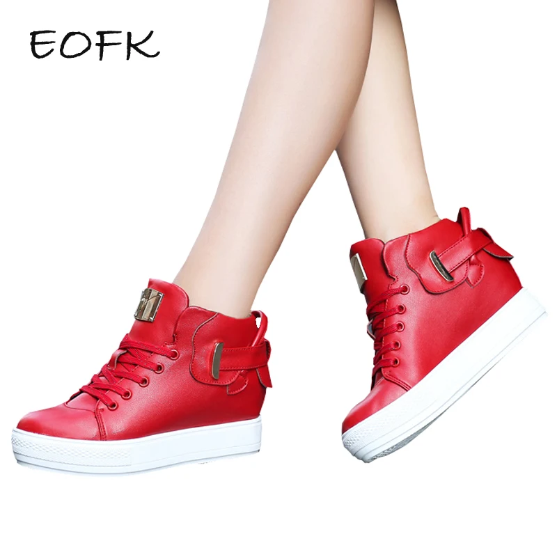 

EOFK Red Boots Women Sneakers Ankle Boots 2019 Winter Fashion Leather Wedges Boots Woman Hidden Height Increasing Ladies Shoes