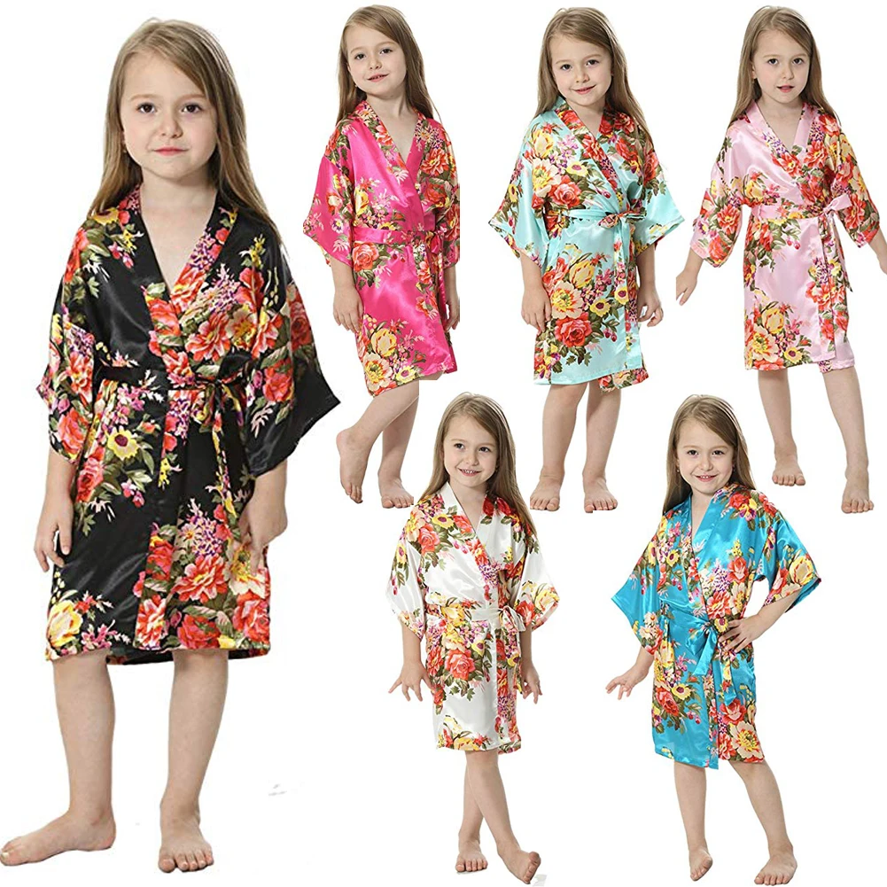 Модный стиль, шелковое атласное детское платье с цветочным рисунком для девочек, Лидер продаж, детская одежда для сна, 6 цветов, высокое качество