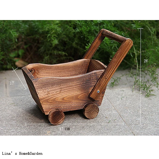 simple design wood tone vintage hand crafted small wooden cart planter (3)