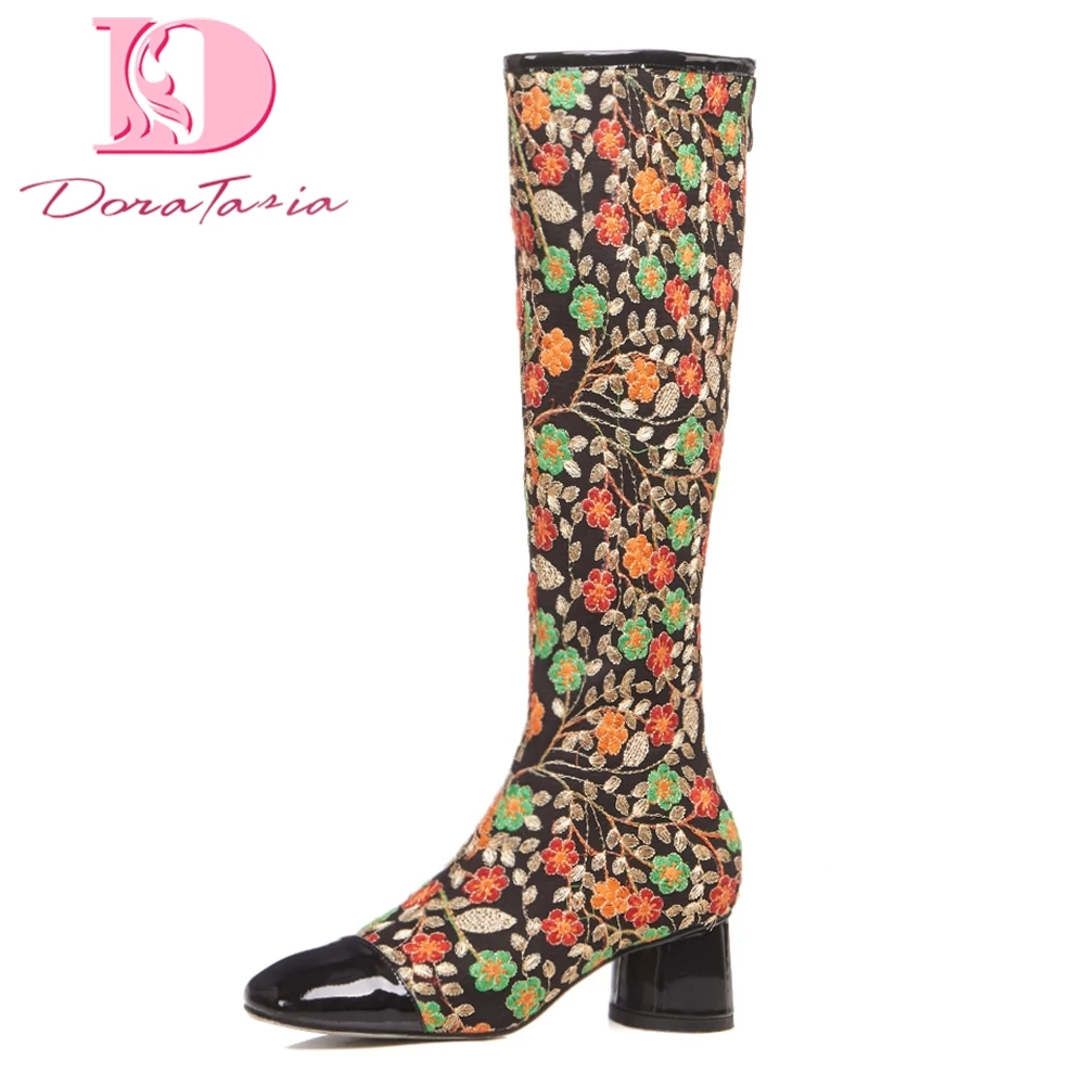 

DoraTasia 2018 Brand Fashion Embroidery Large Sizes 34-43 Women's Shoes Boots Trendy Knee-high Boots Woman Party Shoes
