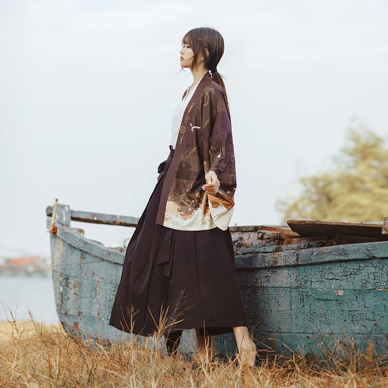 Японский свободный халат винтажный Парусник Voyage коричневый haori летнее