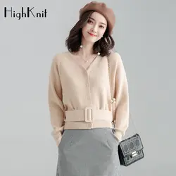 HighKnit v-образным вырезом свитер с длинным рукавом Осенне-зимняя Дамская обувь Кардиган вязаный свитер элегантные офисные корейский модный
