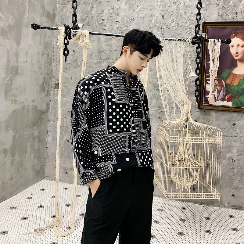 M-xl! Летняя мода с геометрическим рисунком волнистый горошек подставка для печати воротник короткий рукав рубашка мужская Свободная рубашка