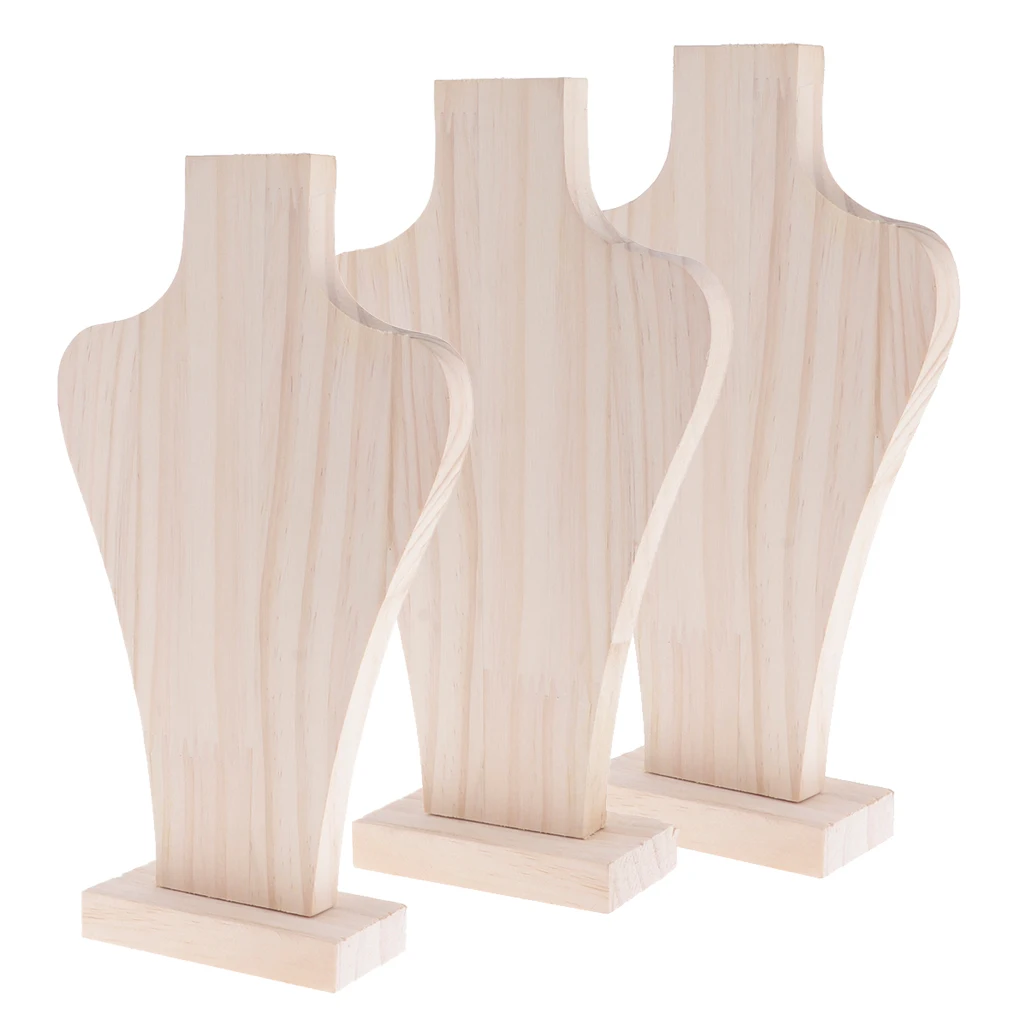 

3pcs Unpainted Natural Wood Mannequin Bust for Necklace Chain Pendant Rack