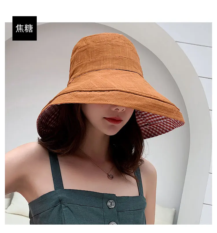 Клетчатая Двусторонняя хлопковая Солнцезащитная шляпа для женщин с защитой от УФ-лучей Панама для девочек, пляжная шляпа от солнца, Солнцезащитная Панама для улицы
