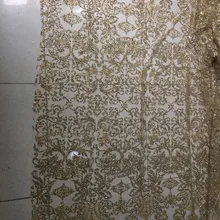 5 ярдов сетка тюль ручная печать ткань с блестящим кружевом BZL-91104 для вечернего платья золотистого цвета