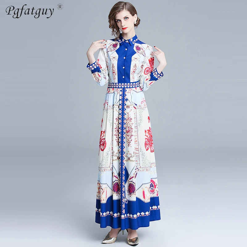 

Spring Lapels Long Runway Dresses 2019 Women High Quality Vintage Floral Print Shirt Maxi Dress Vestido Longo Robe Noel