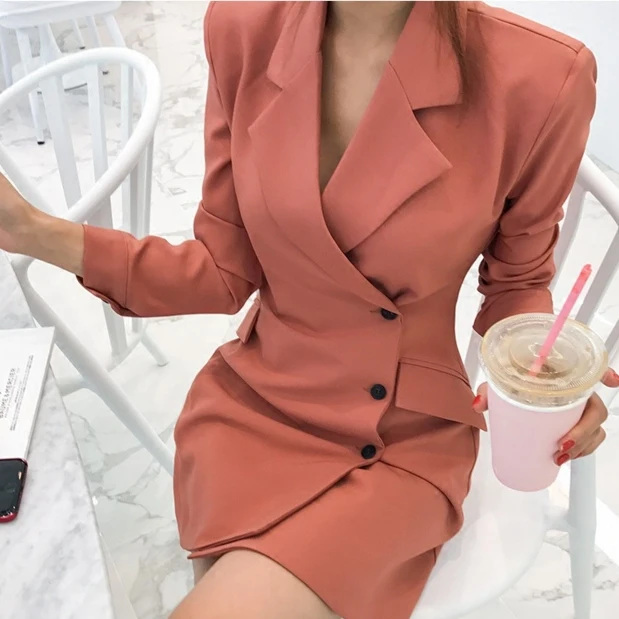 

Long Sleeve Dress Knee Length Empire Waist Pocket Single Breasted A-Line Notched Slim Spring Elegant Feshion 2019