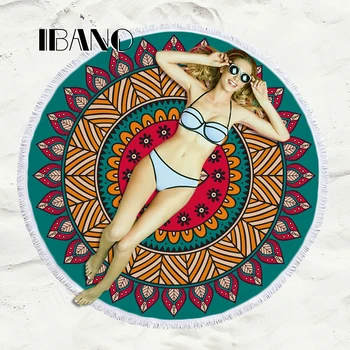 

IBANO Bohemia Mandala Round Beach Towel Cotton Polyester Bath Towel Yoga Mat Blanket Tapestry Dia 150cm With Tassel 500g/pc