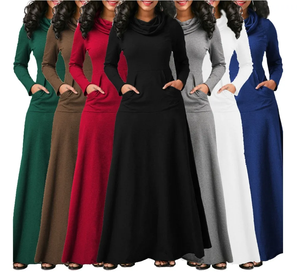 

Woman Turtleneck Solid Color Floor -Length Dress Lady Cotton High Quality Empire Waist Long Sleeve Elegant Dresses