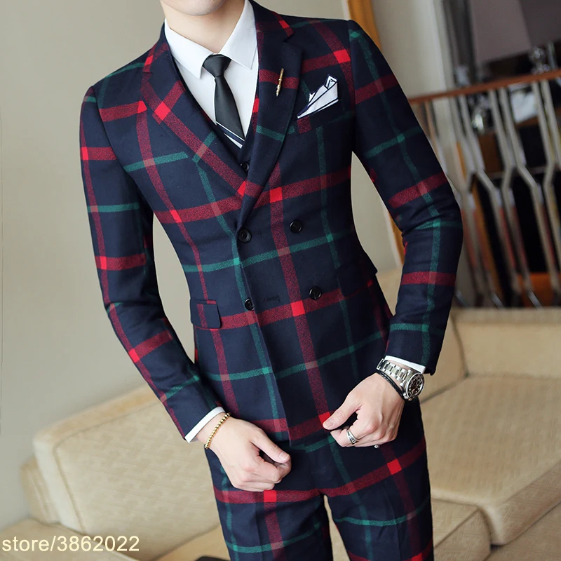 Red Plaid Suit For Men (Jacket +Vest+Pant) 2018 New Party Wedding Suits
