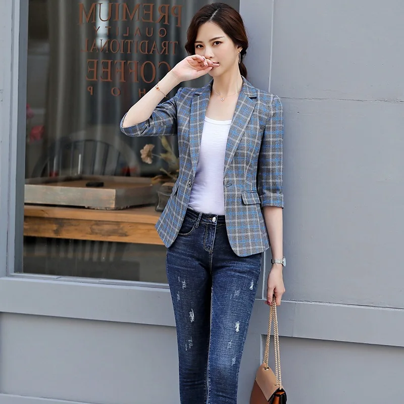 

IZICFLY Summer New Style Business Blue Plaid Ladies Blazer Mujer 2019 Elegant Jacket Women Work Wear Veste Femme Big Size 4XL