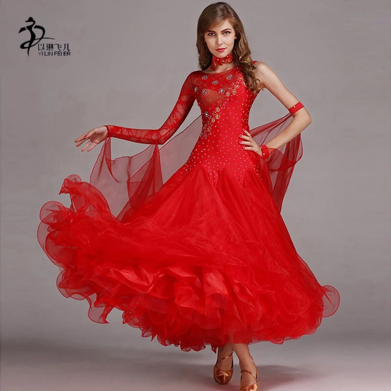 

Modern Dance Dress Waltz Standard Competition Rhinestone Red Dress Standard Ballroom Dancing Clothes Competition