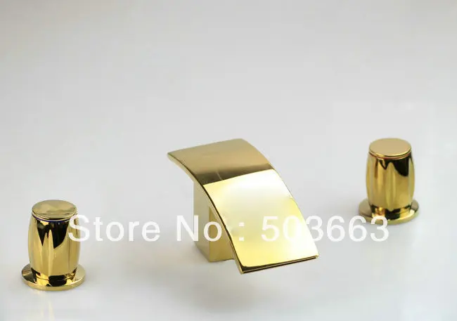 Wash Basin Golden Polished Younger Bathroom Waterfall Bathtub Basin Sink Spout Mixer Tap 3 PCS Brass Faucet Set L-001