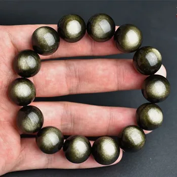 

16mm Natural Gold Obsidian Gemstone Bracelet Round Big Beads Stretch Bracelets Man Lady Best Gift AAAAA