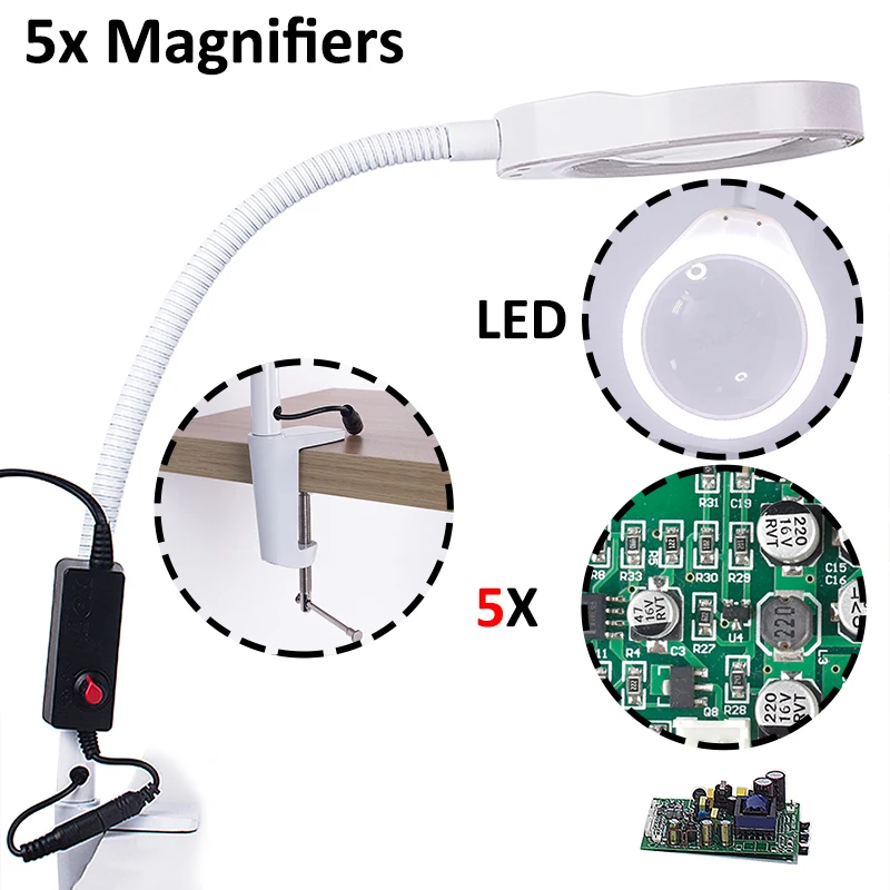Использовать для печатной платы Лупа клип-на столешнице Настольный светодиодный светильник для чтения 3x 5x 8x 10x Объектив увеличительное стекло с зажимом