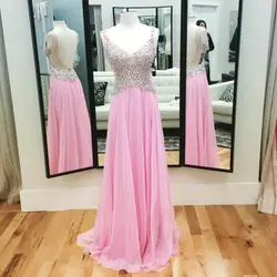 Мода v-образным вырезом Пром платье Тонкие хрустальные лямки Бисер Топы розовый шифон Свадебная вечеринка платье индивидуальный заказ